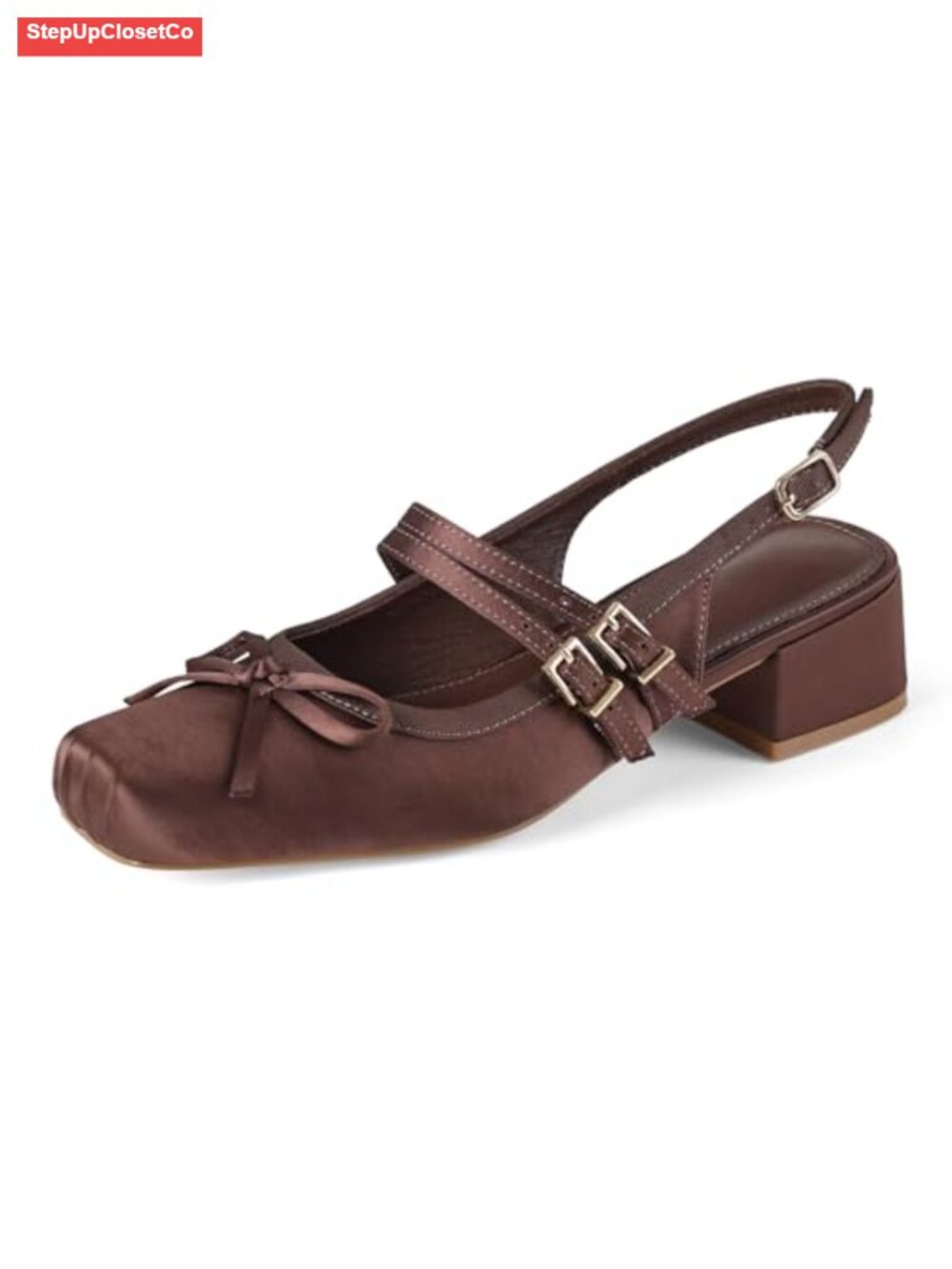 Women's Slingback Ballet Flats Bow Pumps Square Toe Block Heel Satin Mary Jane